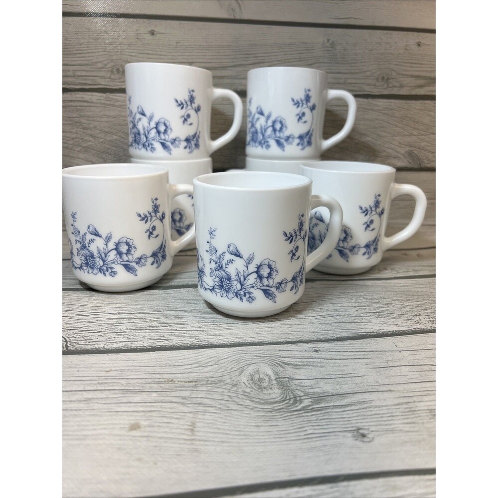 Arcopal Glenwood Cups Mugs Lot of 7 Blue White Cottage